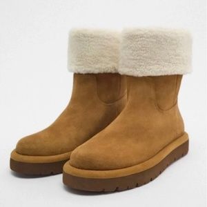 Zara brown real suede leather and fleece flat ankle boots NWT